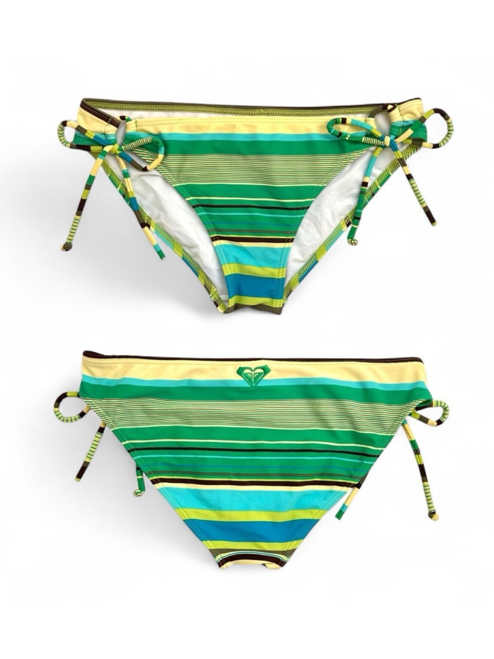 Y2K 2000s Roxy Green, Brown, Yellow & Blue Striped Bikini Bottoms
